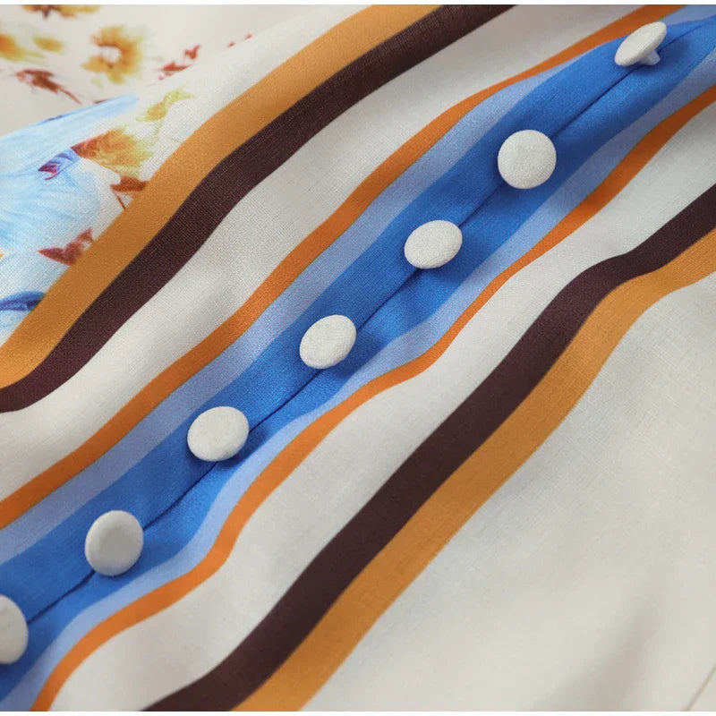 Lella - Blaues Bedrucktes V-Ausschnitt Kleid