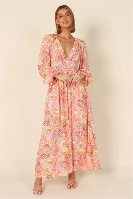 Rosa Boho Chiffon Midi Kleid - Eunice