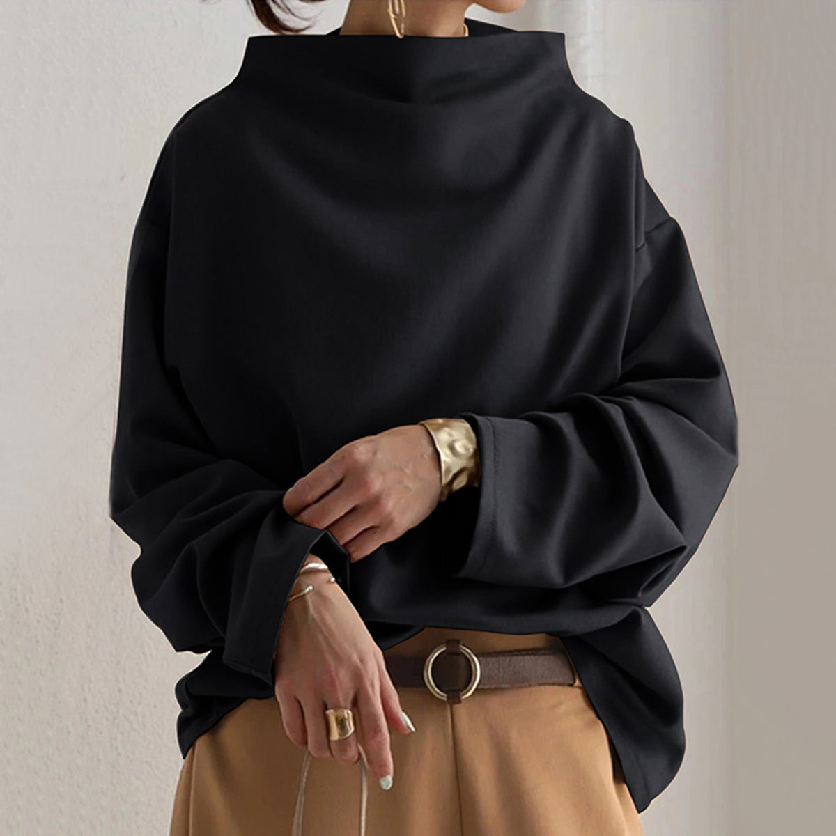 Schwarzer Hochkragenpullover Damen – Lara