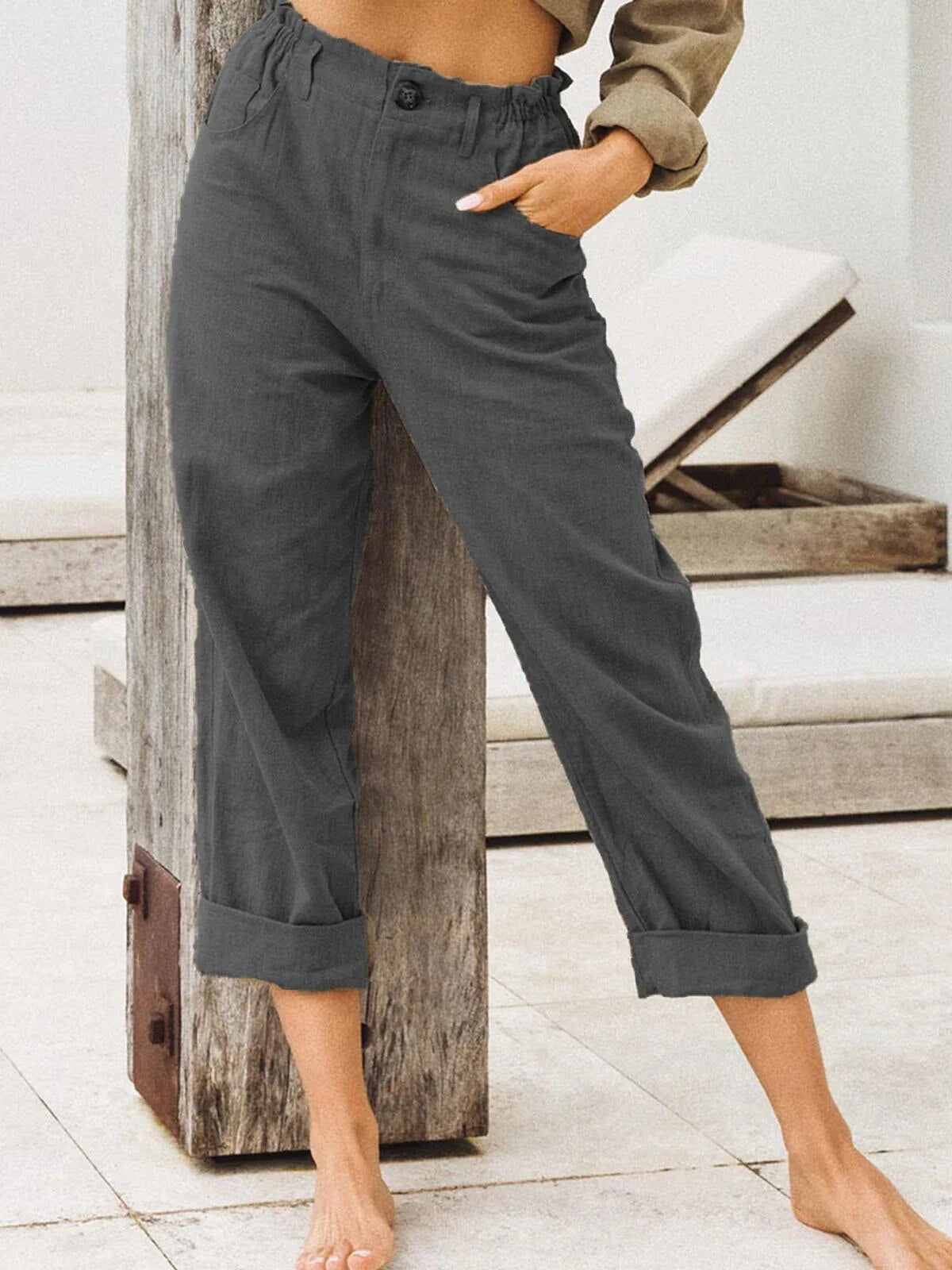 Khaki Leinen High-Waist Hose - Clara