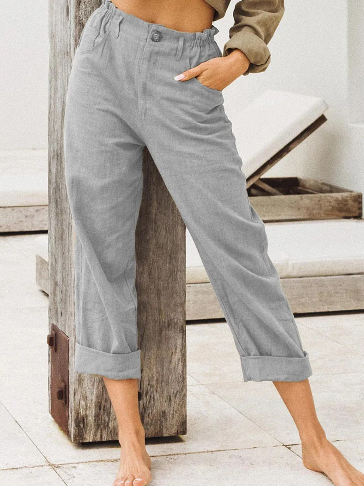 Khaki Leinen High-Waist Hose - Clara