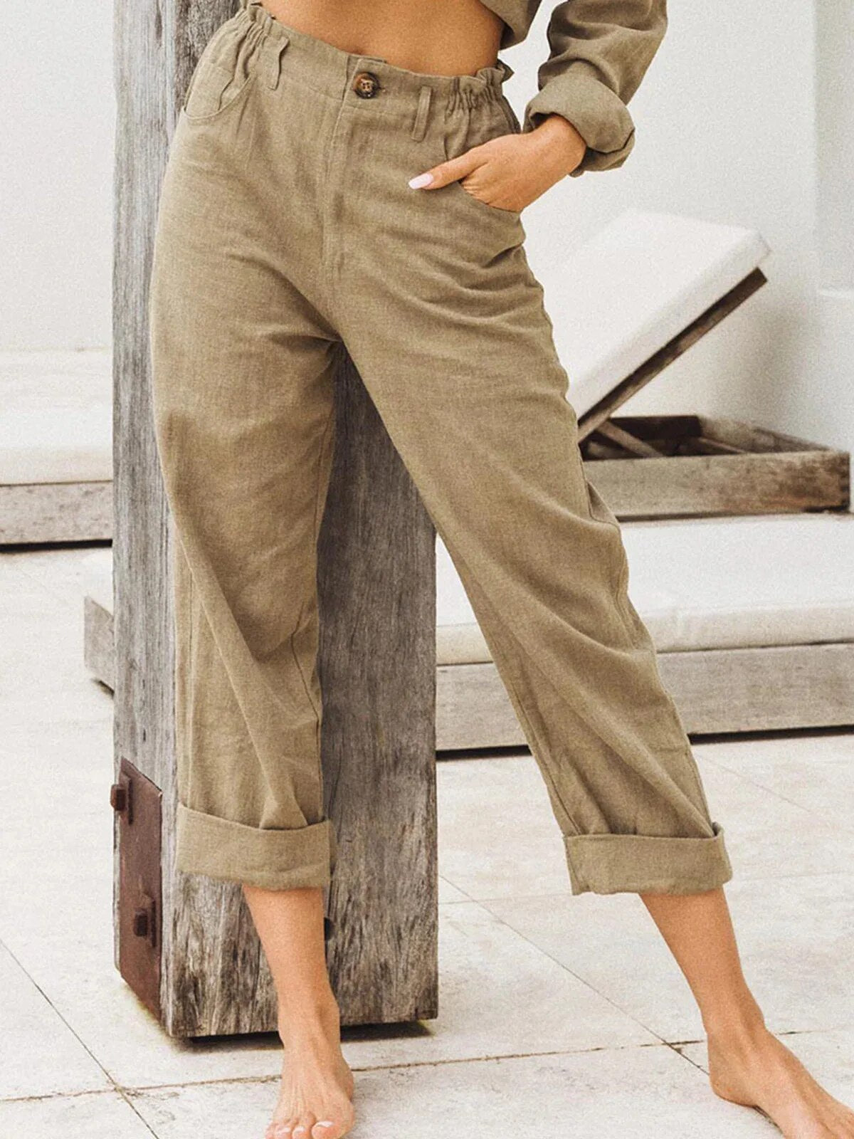 Khaki Leinen High-Waist Hose - Clara