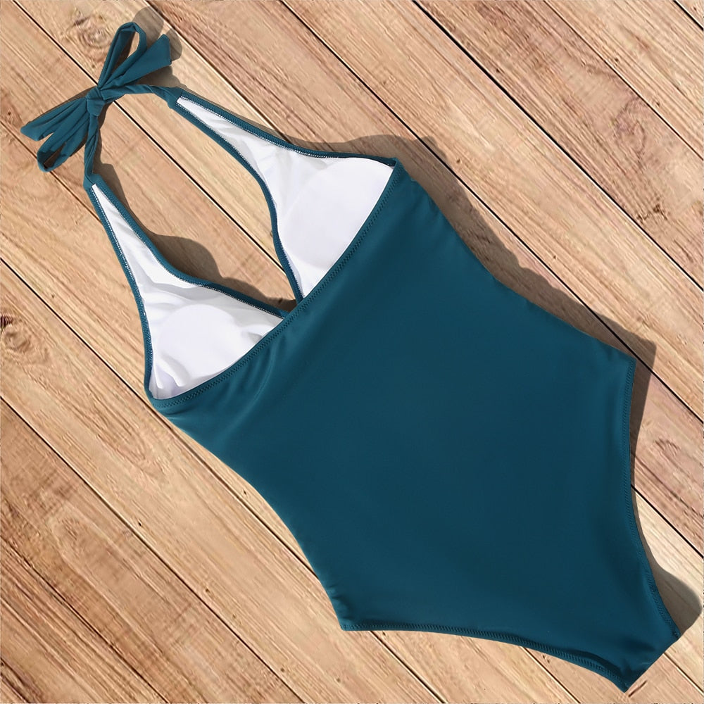 Emely - Rückenfreier Push-Up Einteiliger Badeanzug in Cyan
