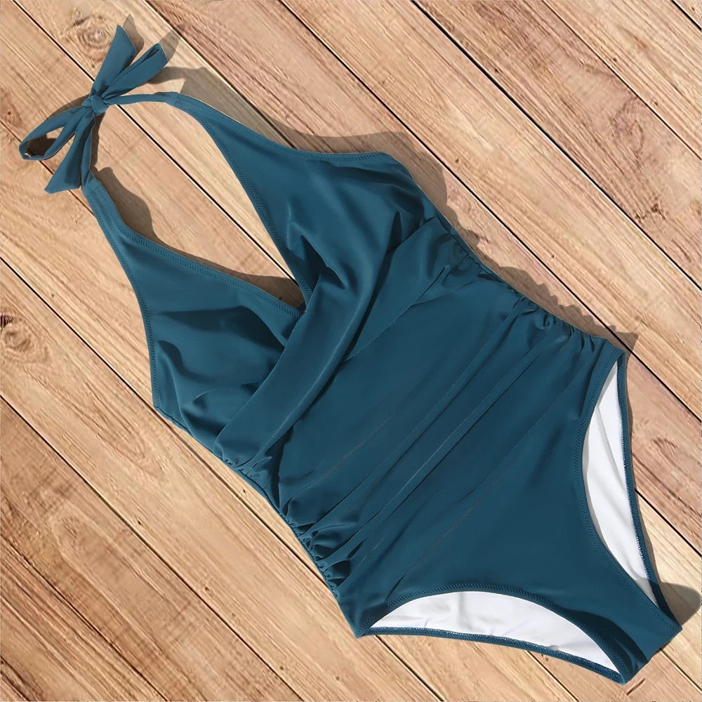 Emely - Rückenfreier Push-Up Einteiliger Badeanzug in Cyan