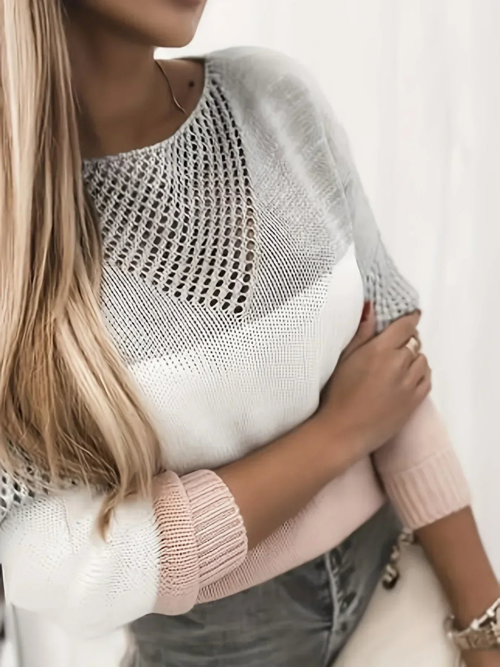 Strickpullover Grau Weiß Rosa - Elina