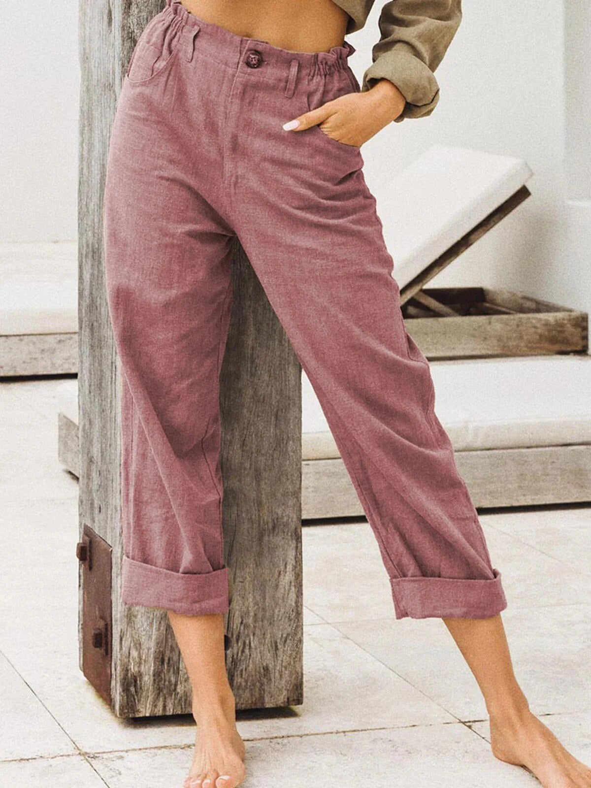 Khaki Leinen High-Waist Hose - Clara