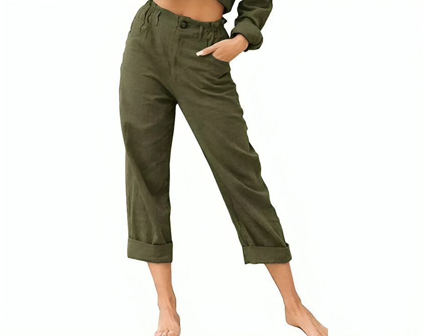 Khaki Leinen High-Waist Hose - Clara