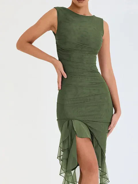 Olivgrüne Midi Kleid mit Rüschen - Rozz