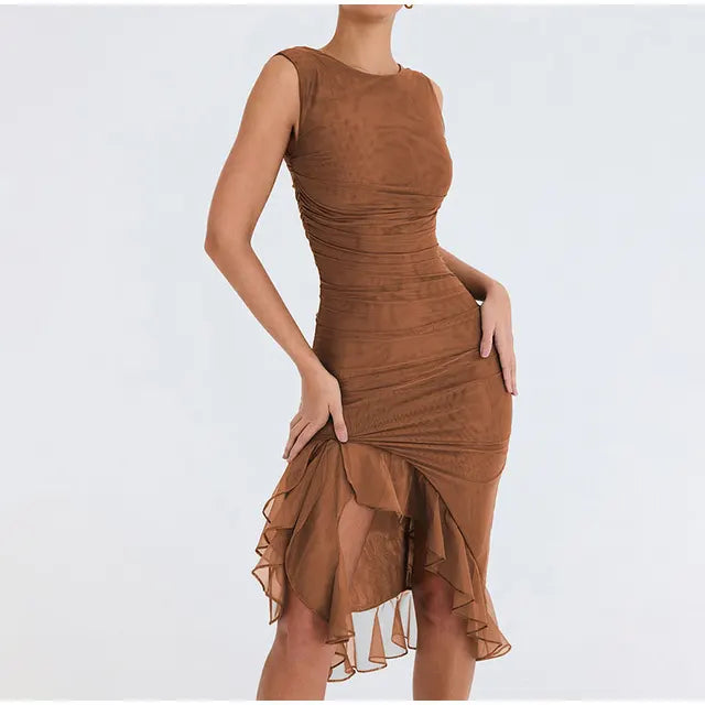 Olivgrüne Midi Kleid mit Rüschen - Rozz
