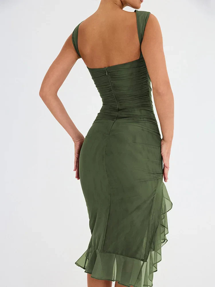 Olivgrüne Midi Kleid mit Rüschen - Rozz