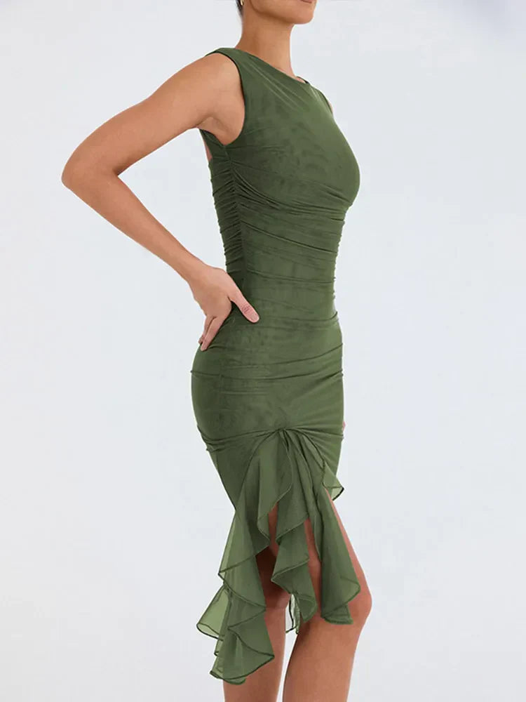 Olivgrüne Midi Kleid mit Rüschen - Rozz