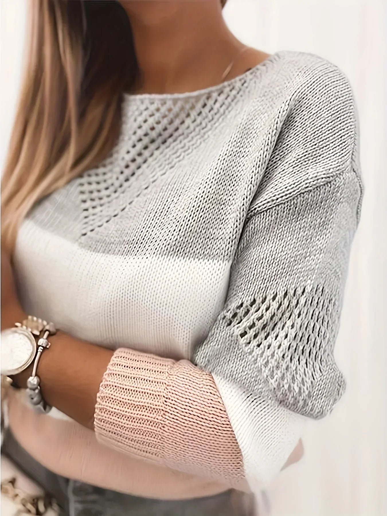 Strickpullover Grau Weiß Rosa - Elina