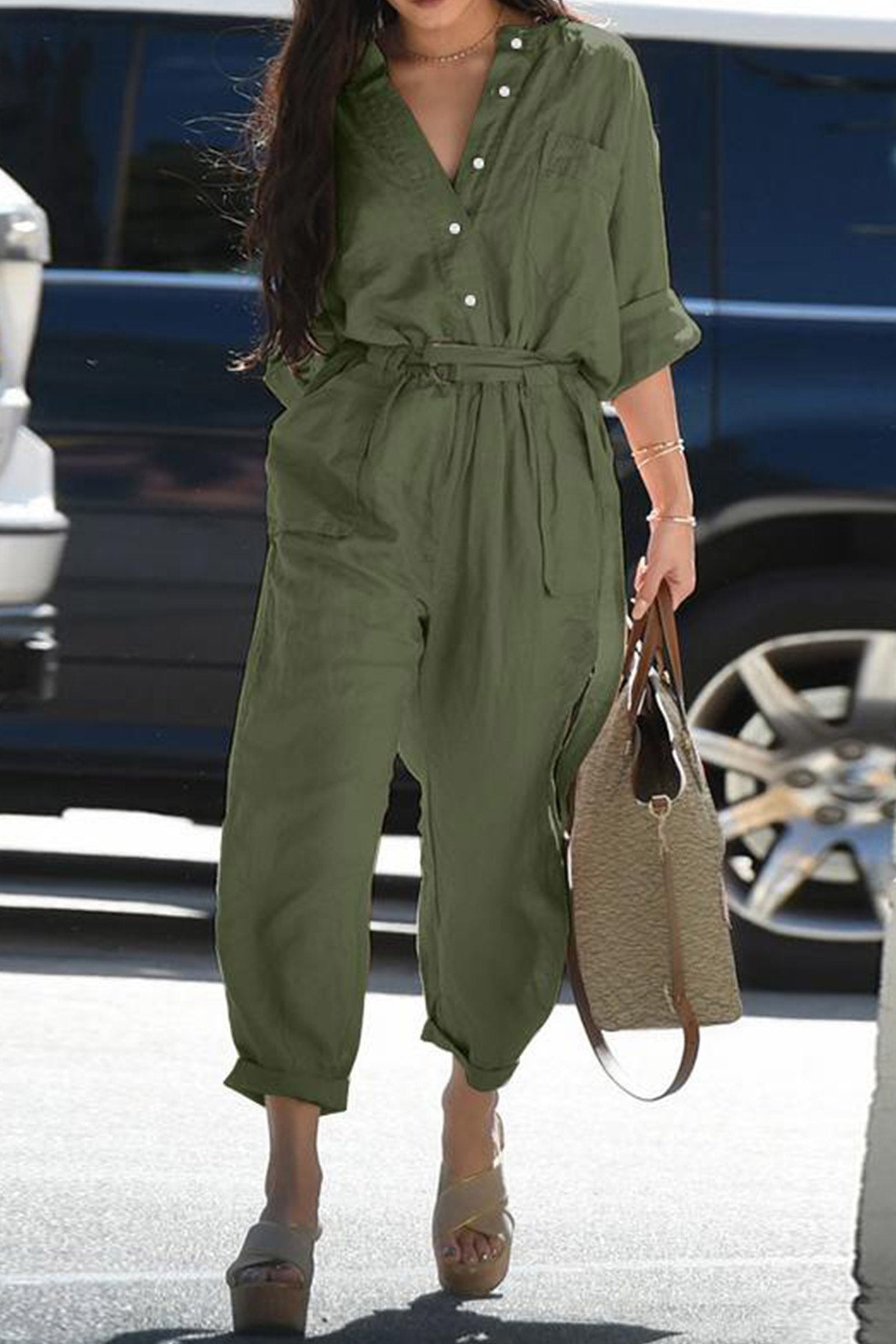 Rosa Taillierter Jumpsuit mit Gürtel – Mia