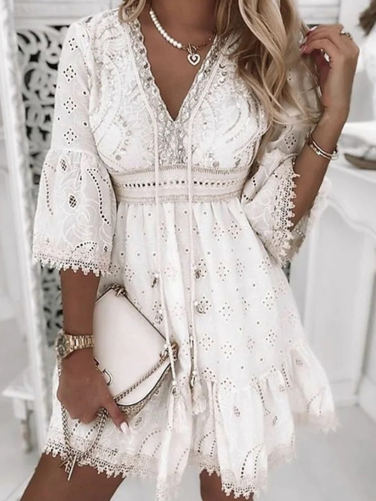 Weiße Boho Ibiza Kleid - Shania