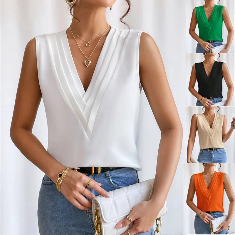 Divine - Beige Elegante ärmellose Bluse