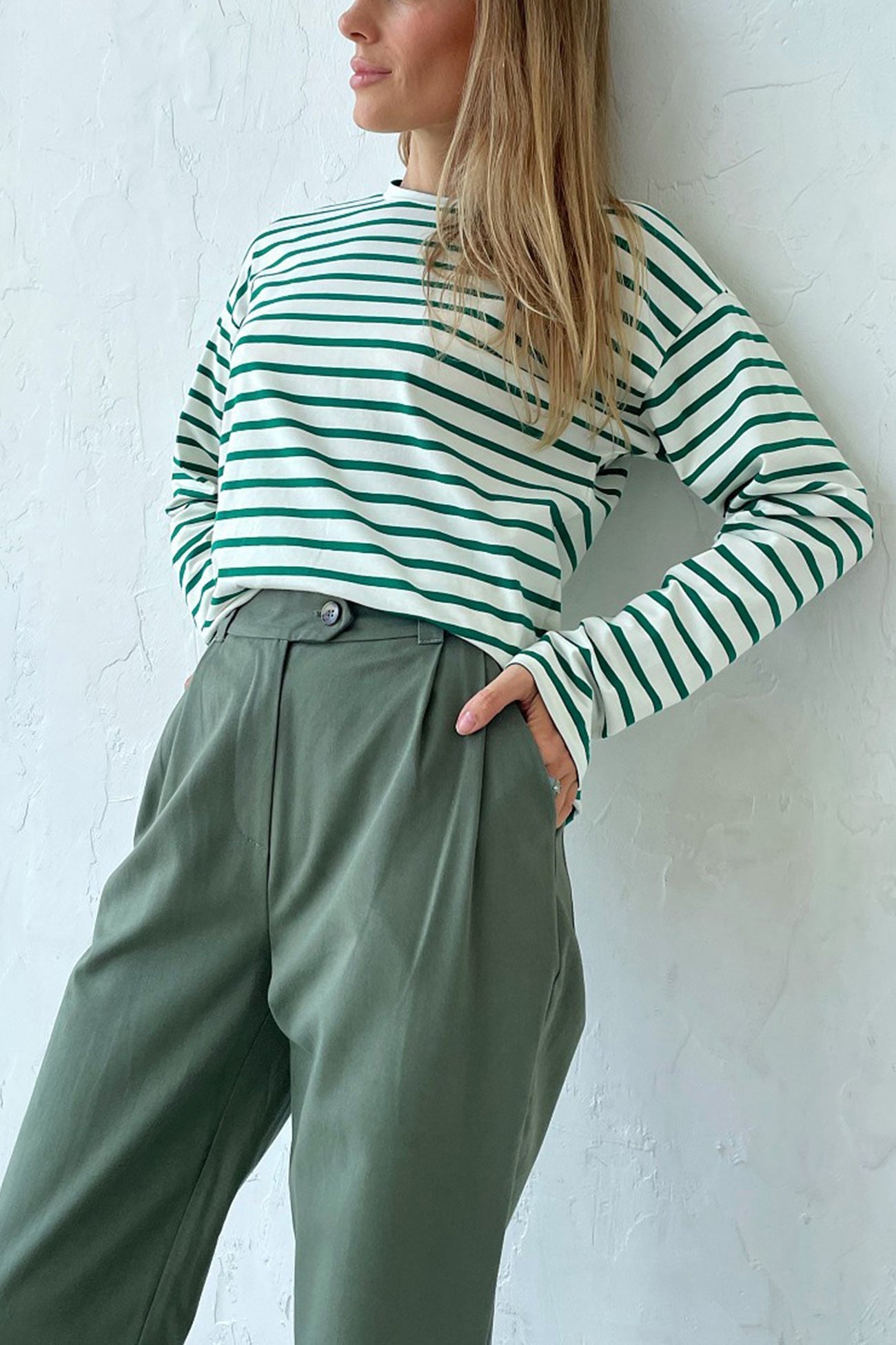 Grün Gestreiftes Baumwoll-T-Shirt - Femke