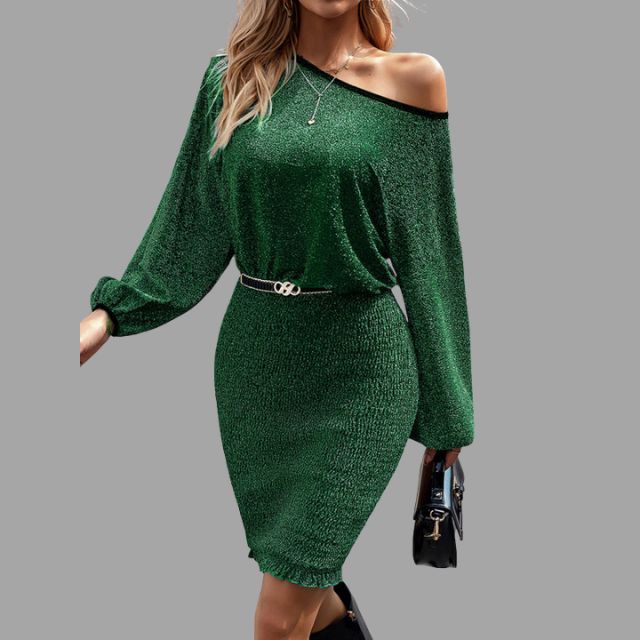 Esmee - Blaues Glänzendes Midi-Kleid mit Taillenbetonung