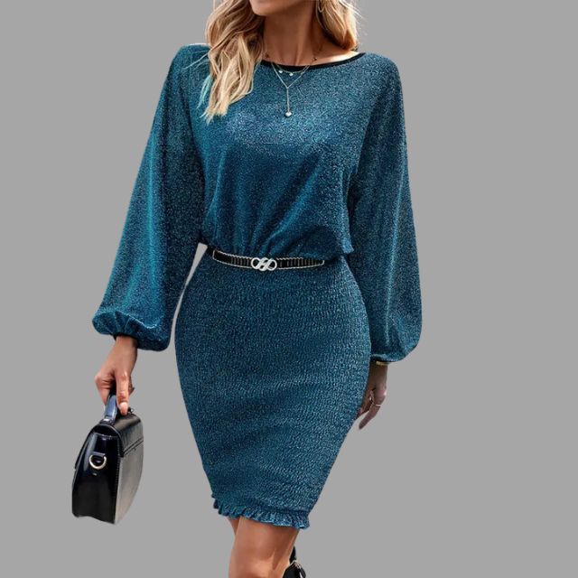 Esmee - Blaues Glänzendes Midi-Kleid mit Taillenbetonung