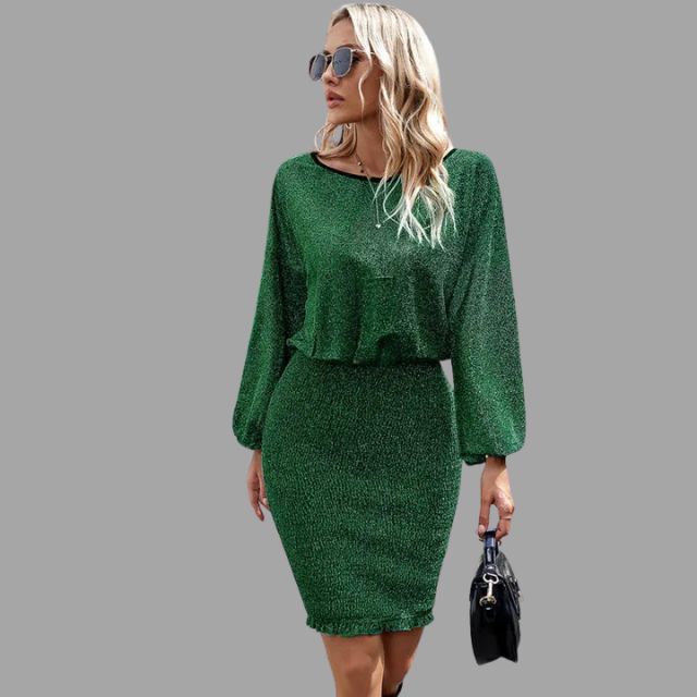 Esmee - Blaues Glänzendes Midi-Kleid mit Taillenbetonung