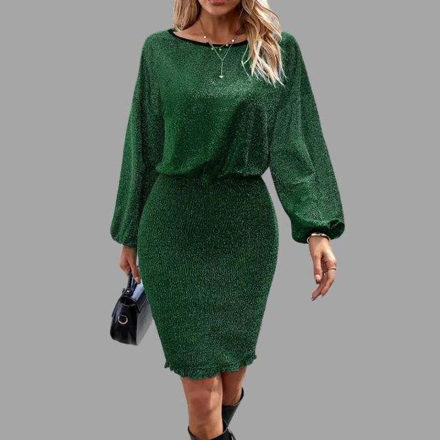 Esmee - Blaues Glänzendes Midi-Kleid mit Taillenbetonung