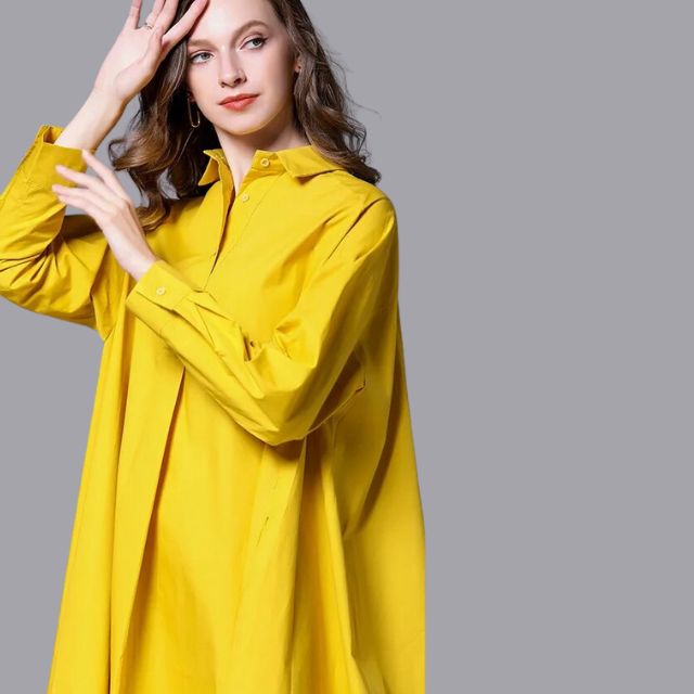 Mia - Gelbes lässiges Hemdkleid mit langen Ärmeln