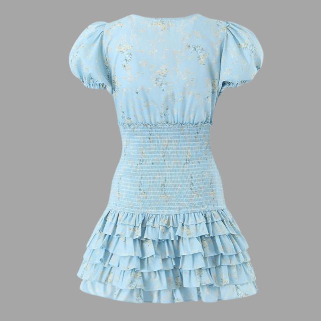 Ivy - Blaues Kleid mit Blumenmuster und tailliertem Schnitt