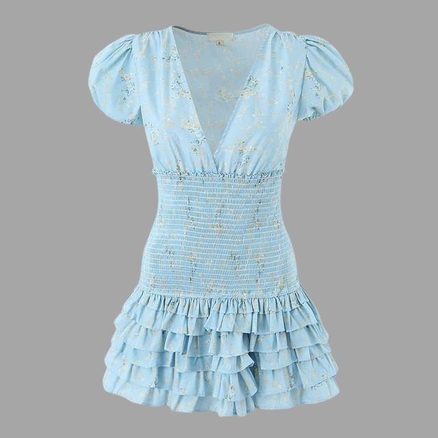 Ivy - Blaues Kleid mit Blumenmuster und tailliertem Schnitt