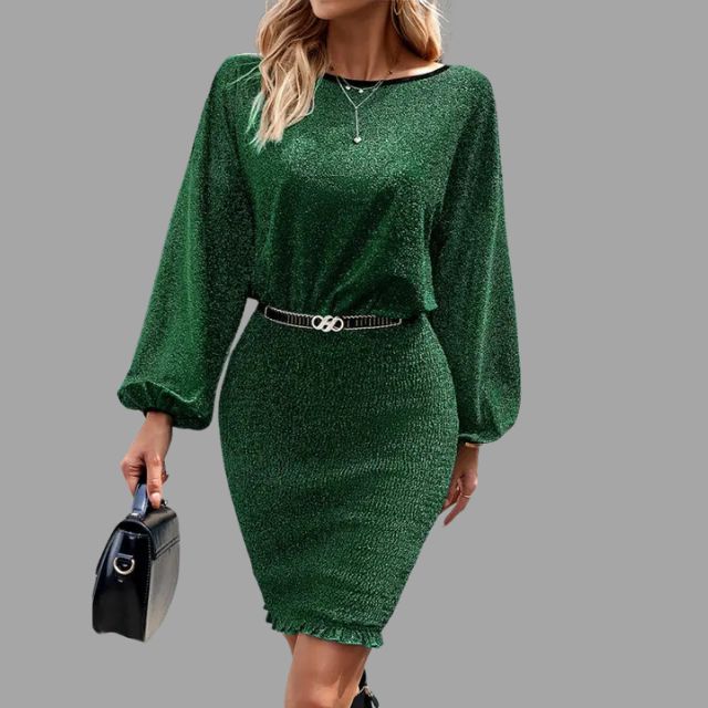 Esmee - Blaues Glänzendes Midi-Kleid mit Taillenbetonung