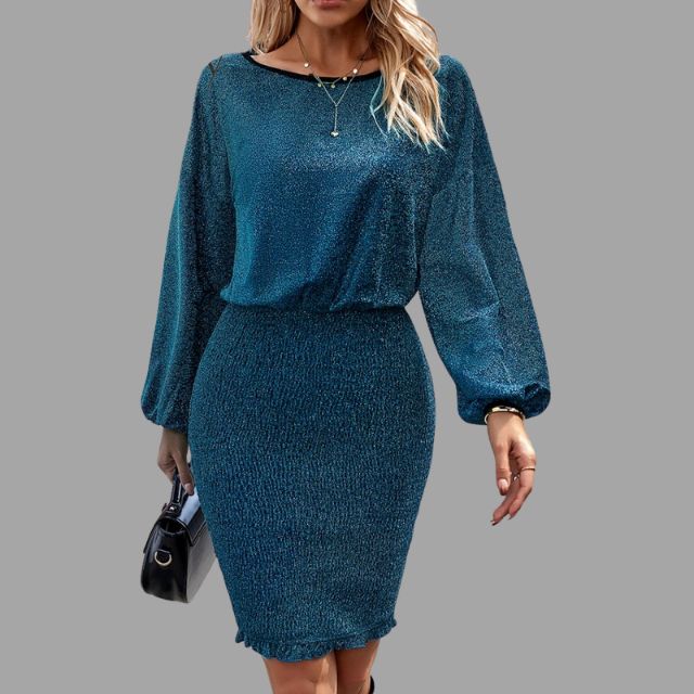 Esmee - Blaues Glänzendes Midi-Kleid mit Taillenbetonung