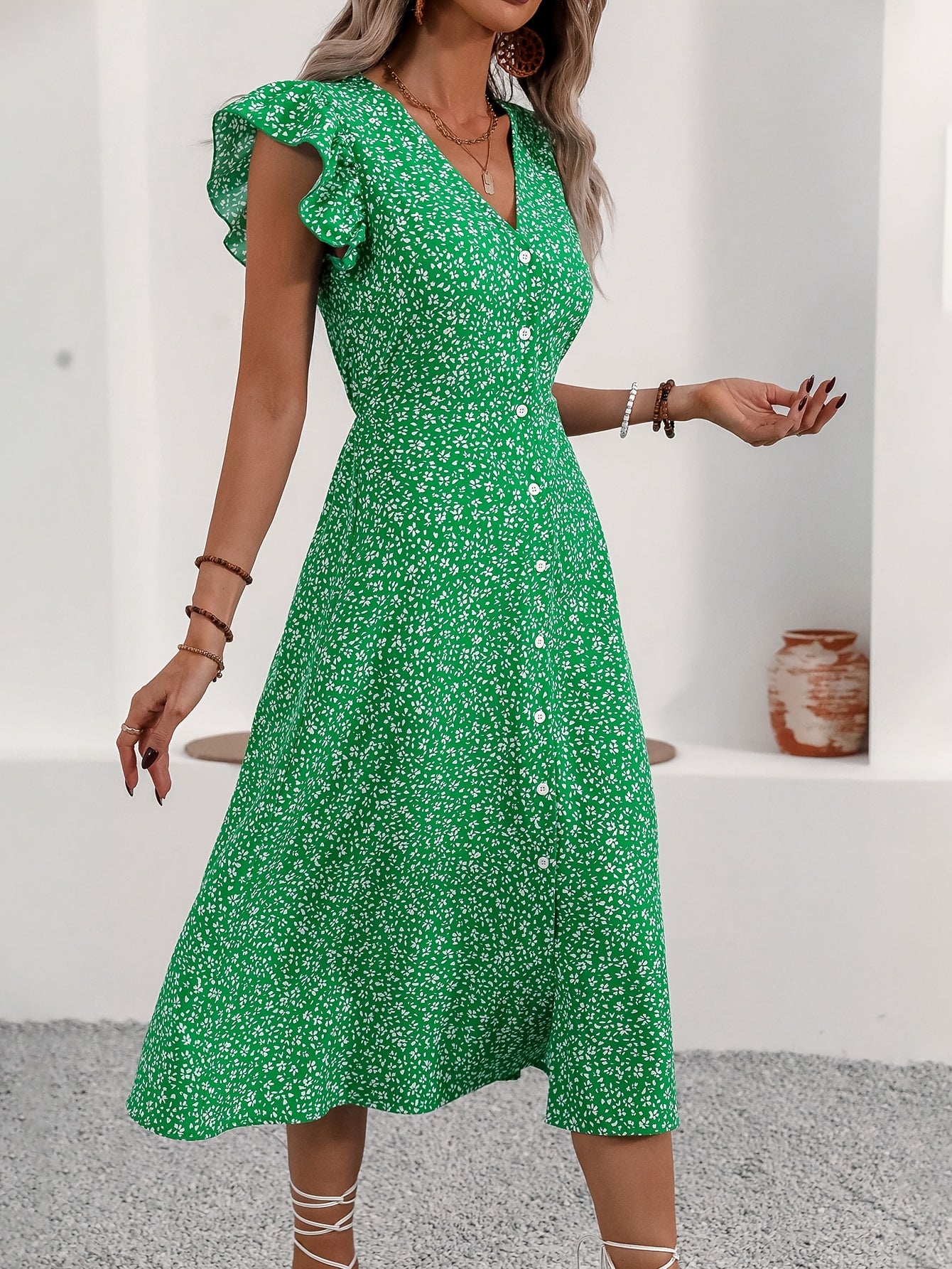 Grünes Knopf-Front Kleid - Lena