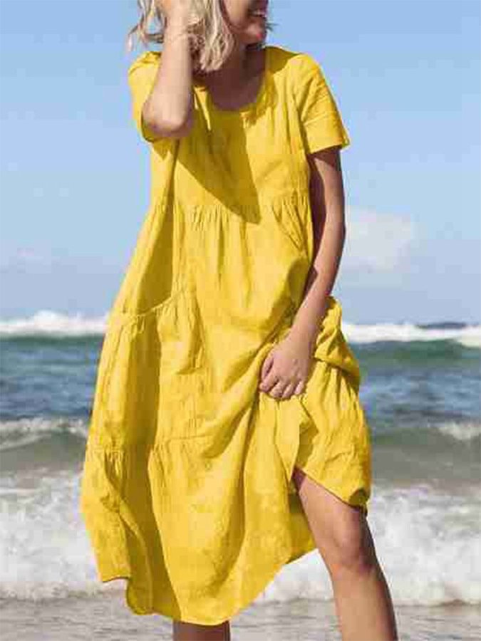 Emma - Gelbes lockeres Midi-Kleid mit Rundhalsausschnitt