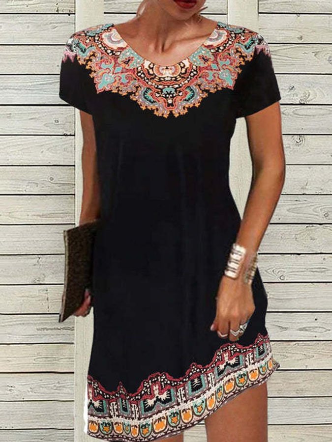 Schwarzes Vintage Print Kleid mit Kurzen Ärmeln - Nora