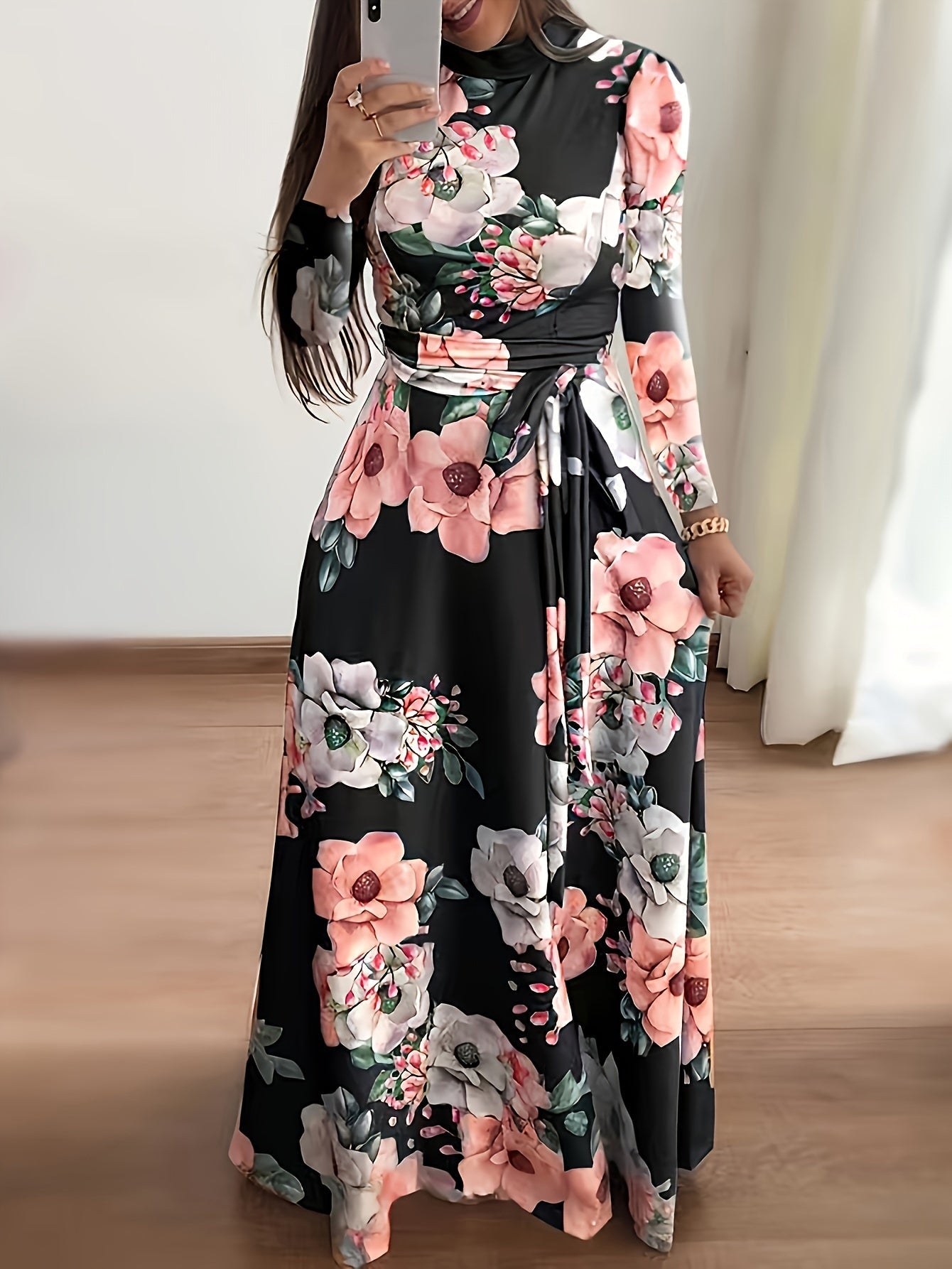 Pastellblaue Blumen-Kleid mit Bindegürtel - Liana