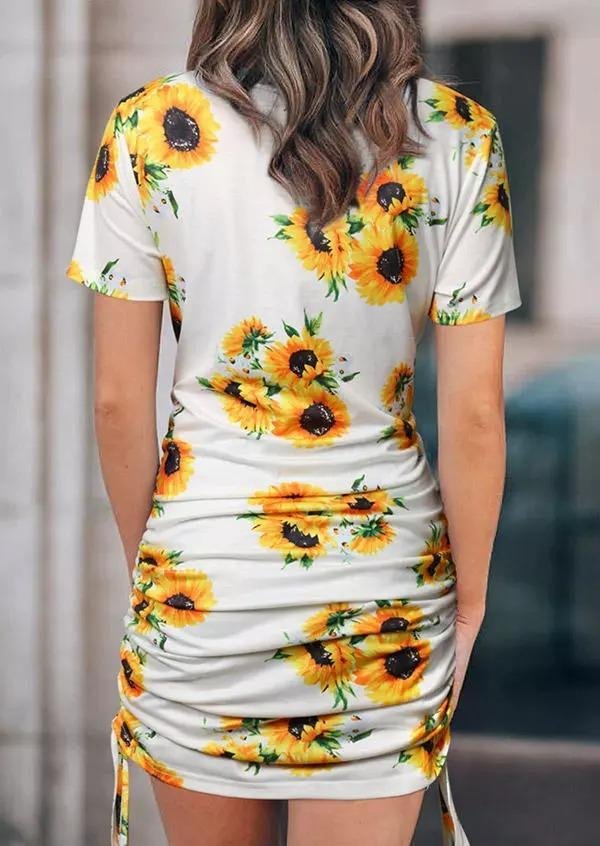 Weißes Sonnenblumen O-Ausschnitt Enges Kleid - Stella