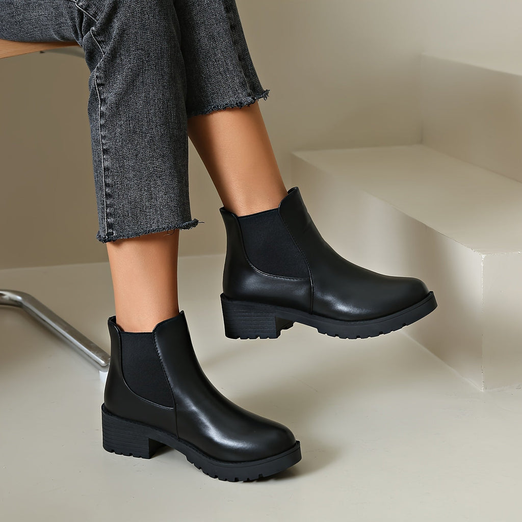 Schwarze Slip-On Chelsea Stiefeletten mit Blockabsatz - Nora