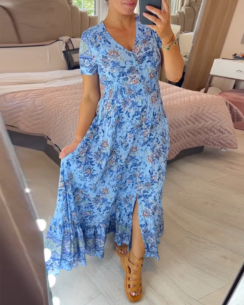 Aria - Blaues Boho-Kleid mit Blumenmuster für lässige Tage