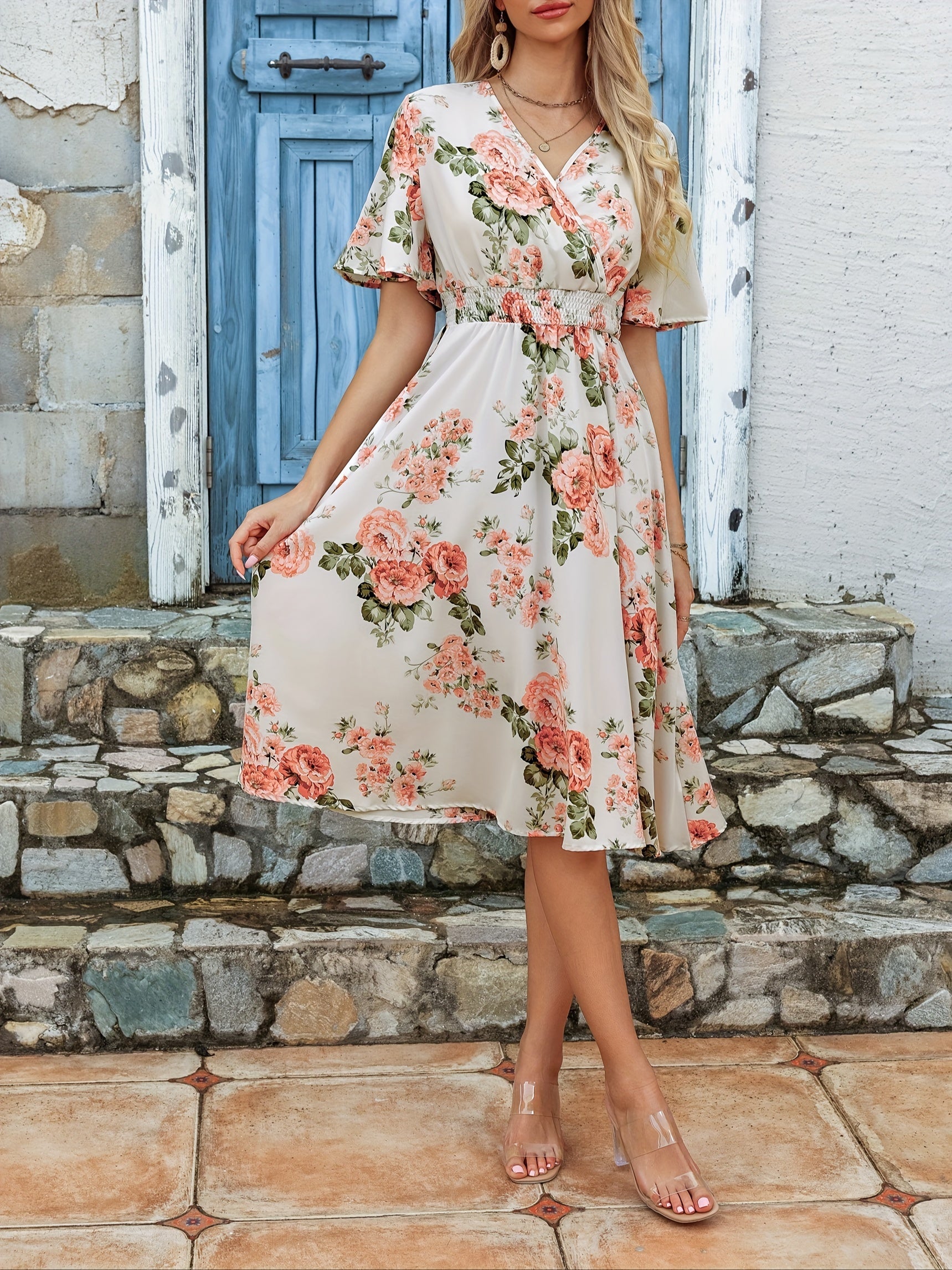 Apricotfarbenes V-Ausschnitt Kleid - Mila