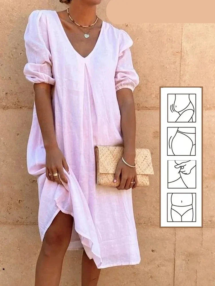 Amelie - Rosa Leinen-Baumwollkleid mit V-Ausschnitt