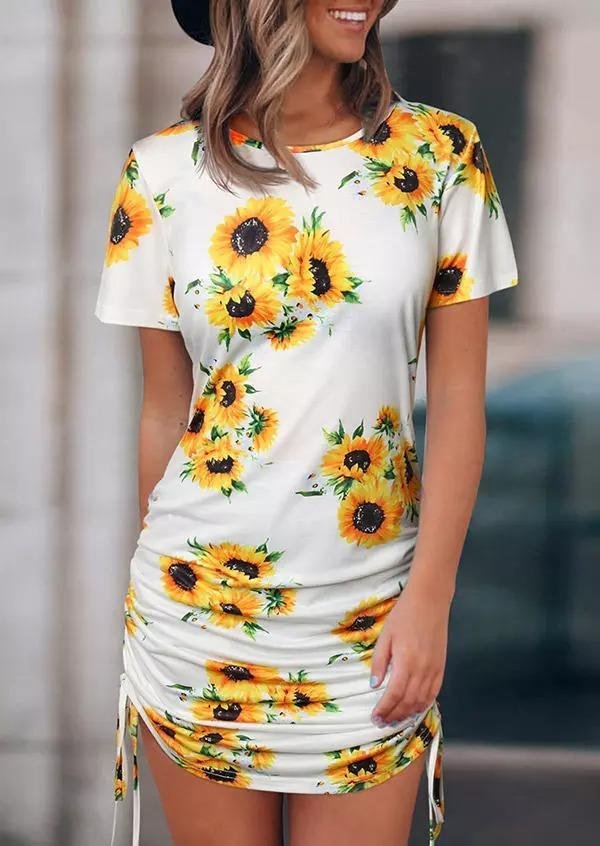 Weißes Sonnenblumen O-Ausschnitt Enges Kleid - Stella