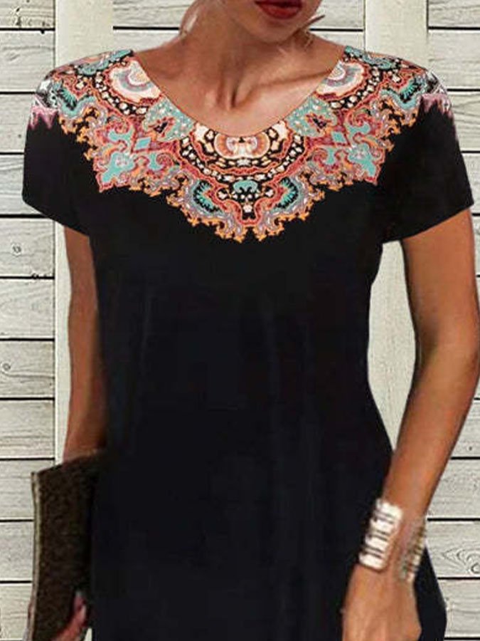 Schwarzes Vintage Print Kleid mit Kurzen Ärmeln - Nora