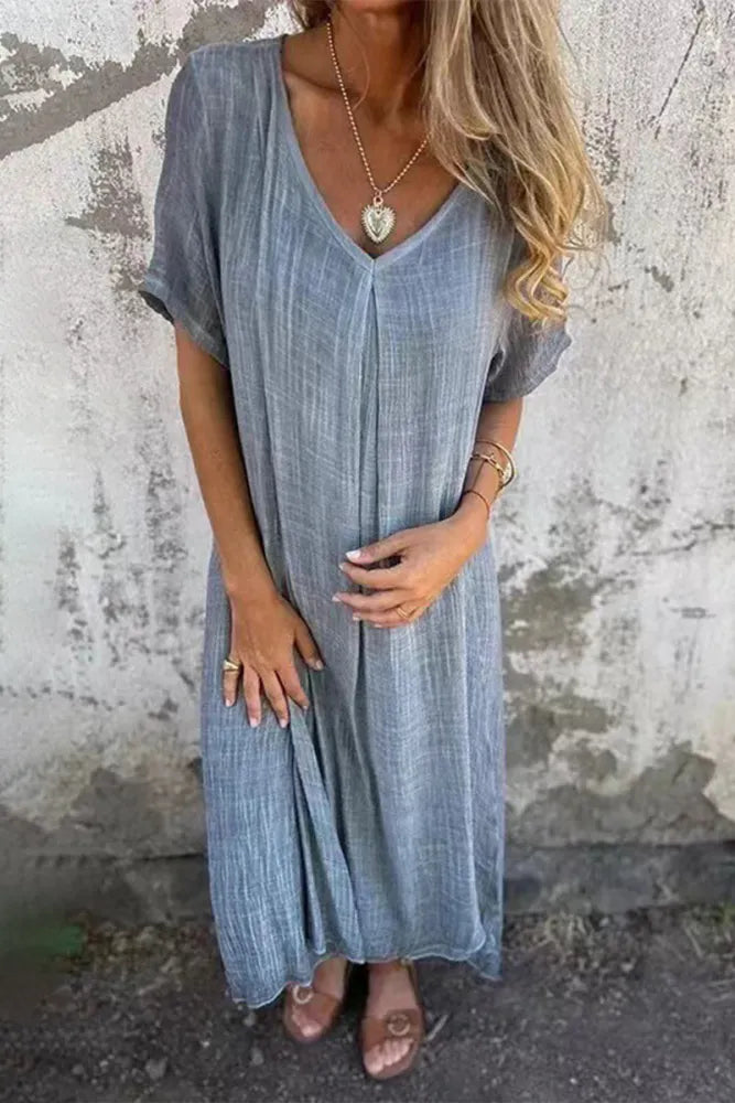 Fiona - Rosa Bequemes Langes Kleid mit V-Ausschnitt