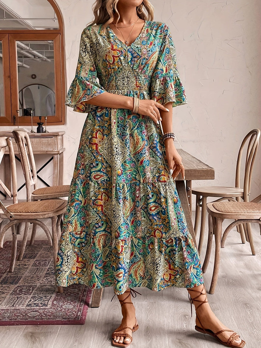 Grüne Paisley V-Ausschnitt-Kleid - Jade