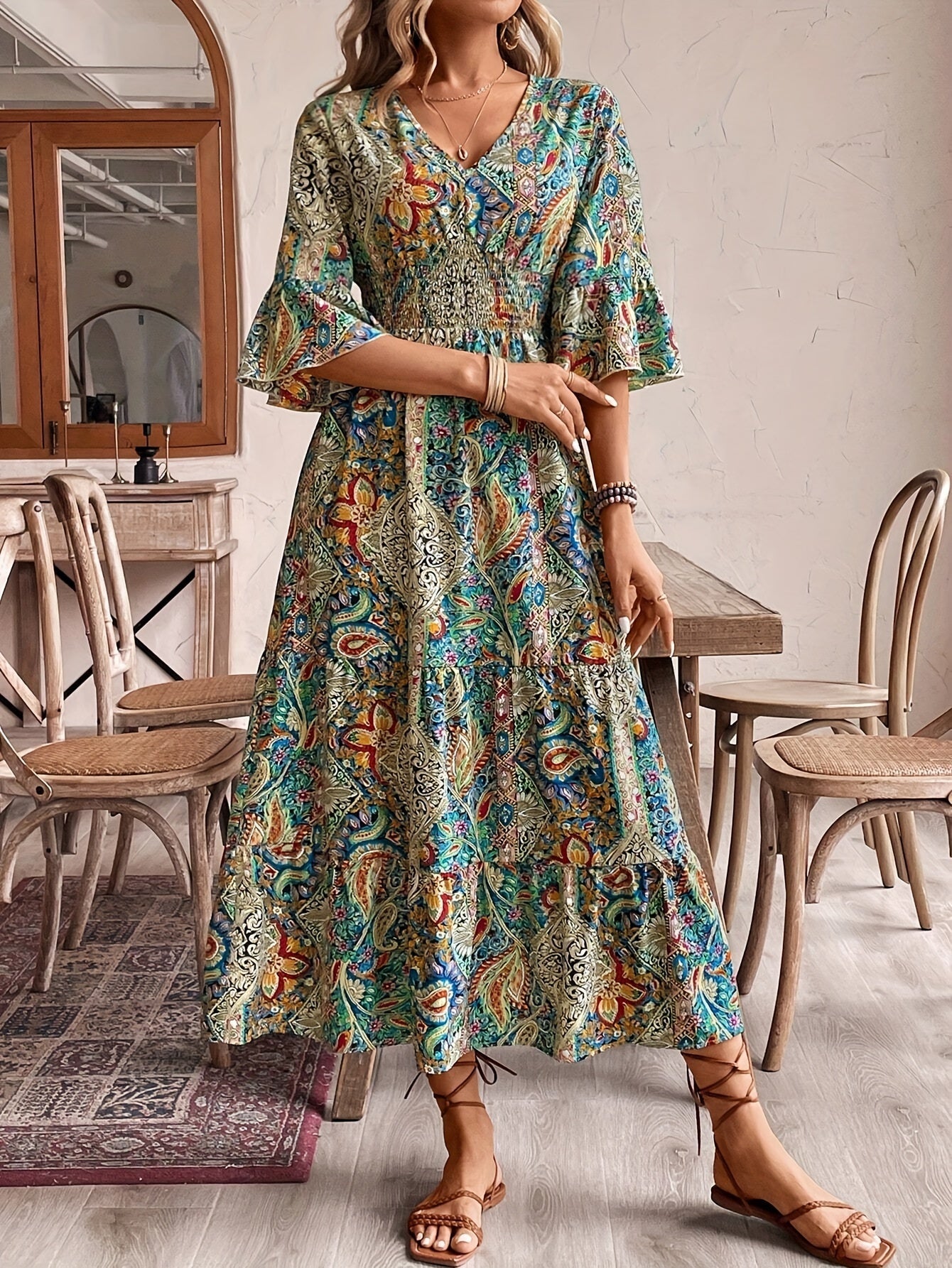 Grüne Paisley V-Ausschnitt-Kleid - Jade