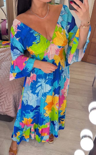 Rosa Florales Strandkleid mit V-Ausschnitt - Lina