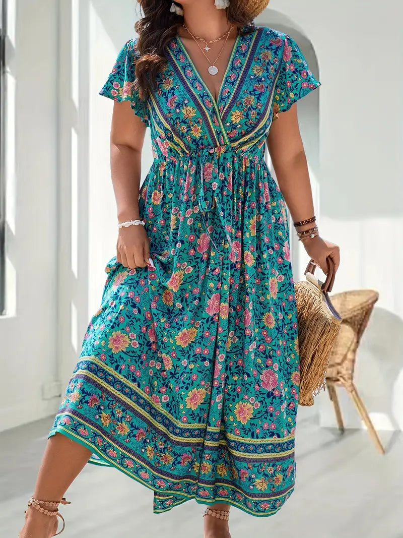 Blaues Florales Schlitzkleid - Sophie