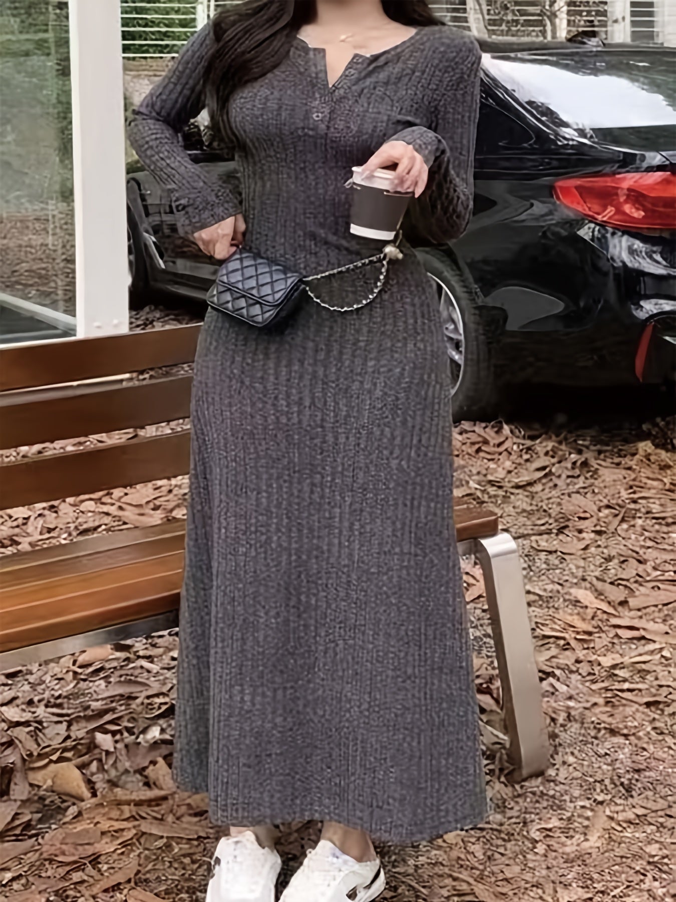 Aprikosen Ribstrick Fit & Flare Kleid - Emma