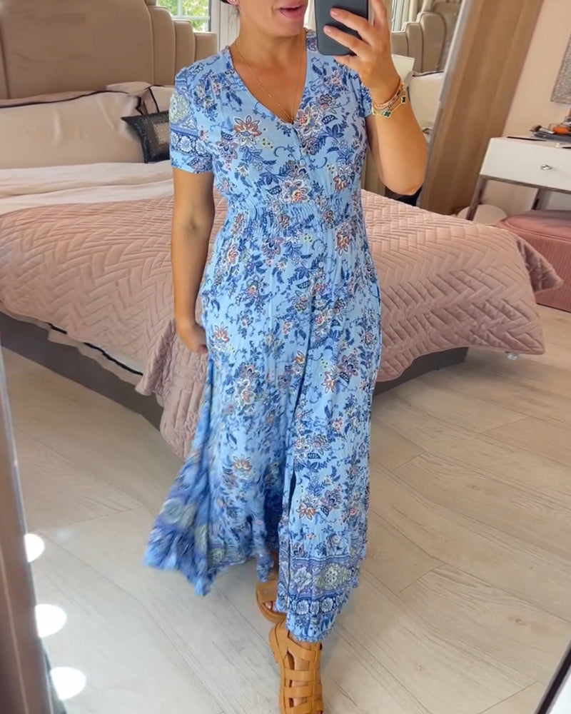 Aria - Blaues Boho-Kleid mit Blumenmuster für lässige Tage
