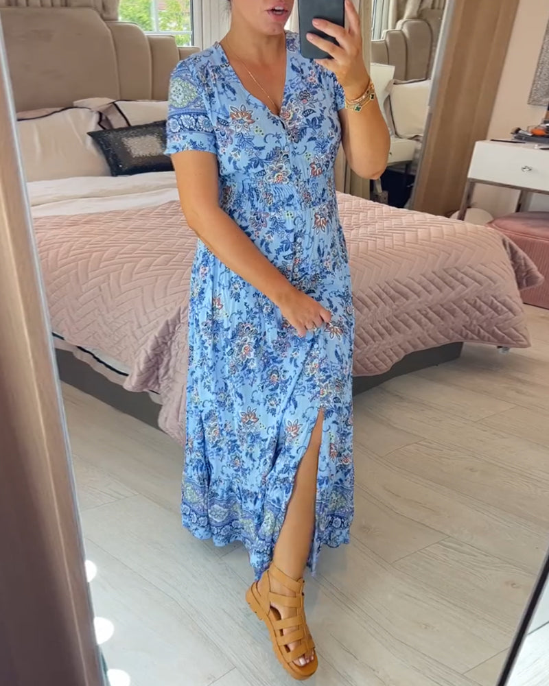 Aria - Blaues Boho-Kleid mit Blumenmuster für lässige Tage