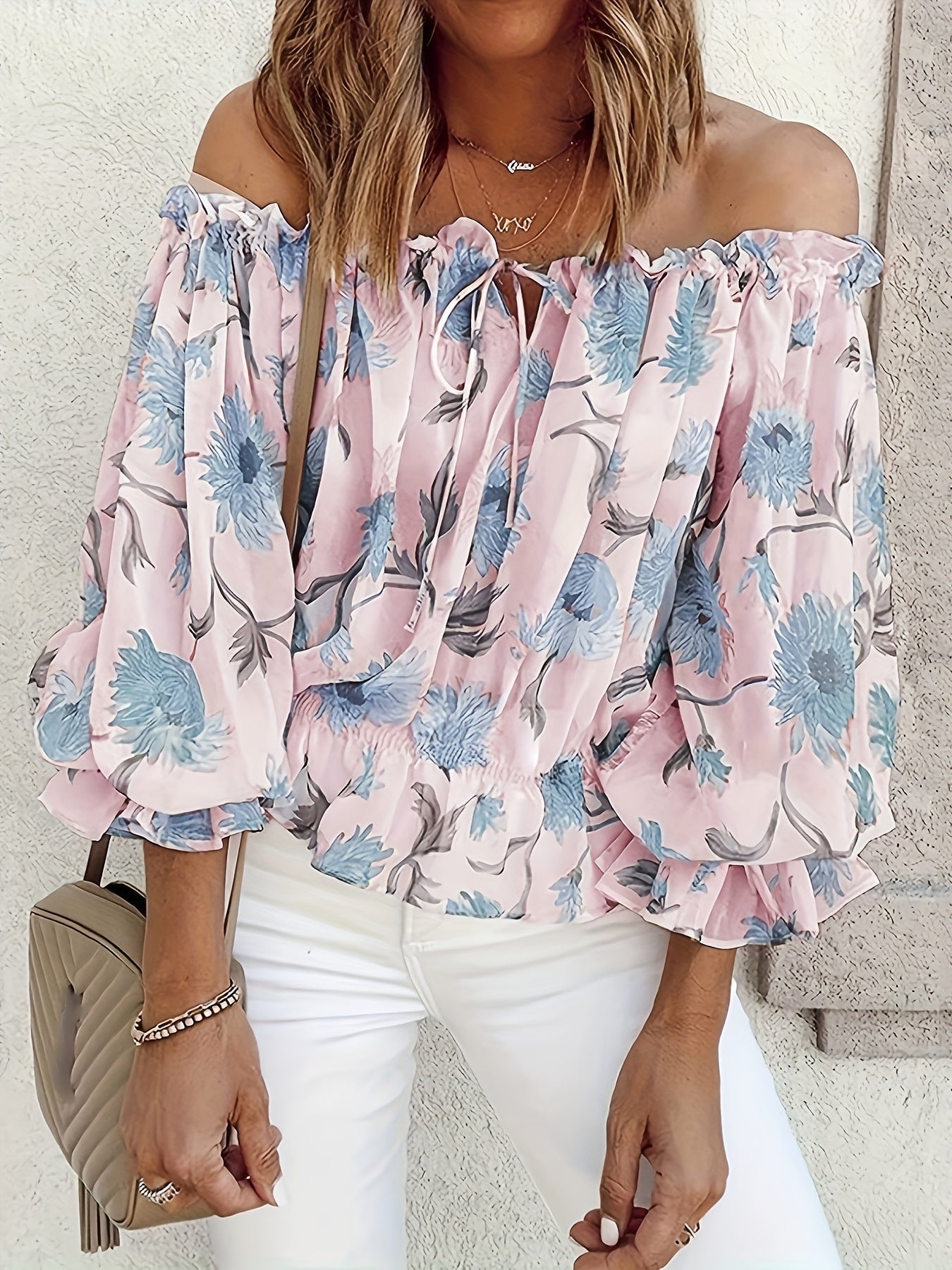 Rosa Rüschenbluse mit Blumenmuster - Olivia