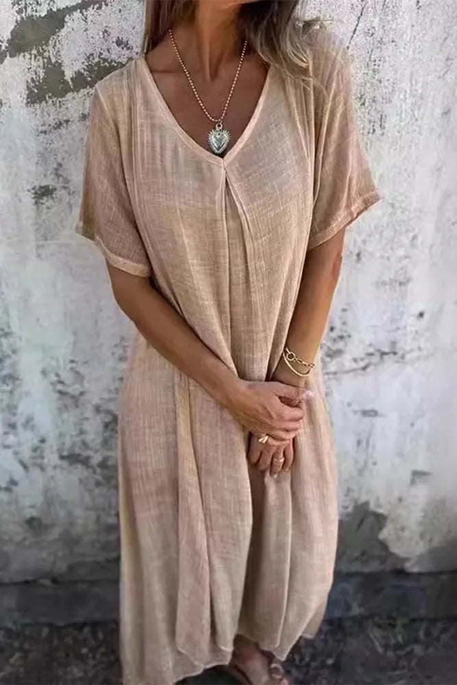 Fiona - Rosa Bequemes Langes Kleid mit V-Ausschnitt